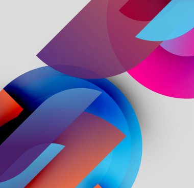 Soyut şekiller örtüşüyor, canlı renk değişimleri yaratıyor. Pürüzsüz geçişler mavileri, morları, pembeleri, portakalları harmanlıyor. Modern tasarım.