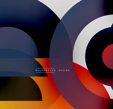 Soyut daireler örtüşüyor, canlı renk eğimleri yaratıyor. Modern tasarım pürüzsüz geçişler, kalın şekiller, dinamik bileşimler içerir.