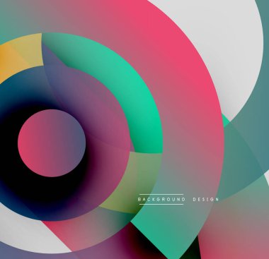 Soyut daireler örtüşüyor, canlı renk eğimleri yaratıyor. Modern tasarım pürüzsüz geçişler, dinamik bileşimler içerir.