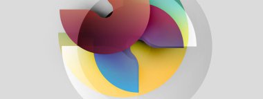 Soyut renkli şekiller örtüşür, dinamik bileşim yaratır. Yumuşak eğimler derinlik ve ışık etkileşimi olduğunu gösteriyor. Minimalist tasarım, modern estetik.