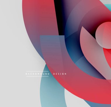 Soyut geometrik şekiller örtüşüyor, canlı renk eğimleri yaratıyor. Kırmızı, mavi, beyaz baskın kompozisyon. Modern tasarım ögesi.