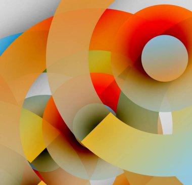 Üst üste binen daireler, canlı renkler, yumuşak eğilimler içeren soyut bir kompozisyon. Modern tasarım, dinamik şekiller görsel ilgi yaratıyor.