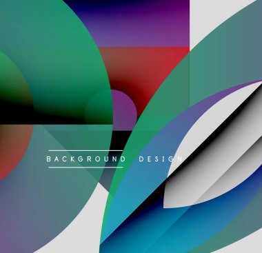 Soyut geometrik şekiller örtüşüyor, canlı renk eğimleri yaratıyor. Modern tasarım dinamik bileşimi, görsel uyumu vurgular.