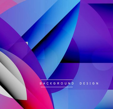Soyut geometrik şekiller örtüşür, canlı gradyanlar yaratır. Mor, mavi, pembe renkler tasarımda baskın. Modern estetik.