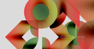 Soyut geometrik şekiller örtüşüyor, canlı renk eğimleri yaratıyor. Tasarımda kırmızı, yeşil, beyaz aksanlı sarı renkler yer alıyor. Modern estetik.