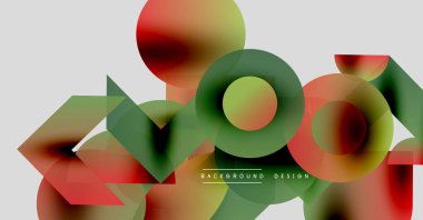 Soyut geometrik şekiller örtüşüyor, canlı renk eğimleri yaratıyor. Tasarım özellikleri daireler, üçgenler, altıgenler, pürüzsüz geçişler.