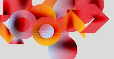 Soyut şekiller, canlı renkler, modern tasarım. Üst üste binen daireler, altıgenler dinamik bileşim oluşturur. Yumuşak eğimler, hafif arkaplan.