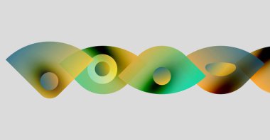 Soyut renkli şekiller çakışıyor, dalga desenleri yaratıyor. Yumuşak gradyanlar yeşil, sarı ve mavi renkleri harmanlarlar. Minimalist tasarım.