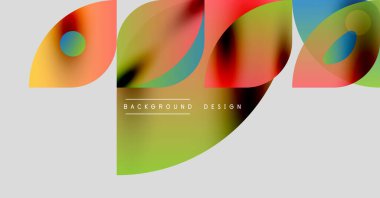 Soyut renkli şekiller çakışıyor. Modern tasarım canlı gradyanlar, düz eğriler, basit metin elementleri içerir. Arkaplan açık gri.