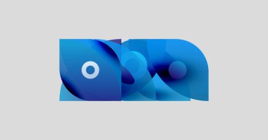 Soyut mavi şekiller üst üste binerek dinamik bileşim oluşturuyor. Çemberler, aksan tasarımı, hareket, derinlik. Modern, temiz estetik.