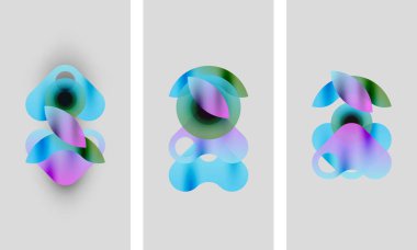 Soyut renkli şekiller çakışıyor, yumuşak gradyanlar yaratıyor. Üç panelde benzer renkler var, renkleri biraz farklı. Minimalist tasarım.