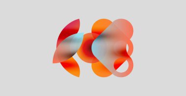 Soyut şekiller örtüşür, parlak turuncu renkler yaratır. Yumuşak eğimler hareket ve tarafsız arkaplanda ışık etkileşimi önerir.