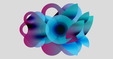 Soyut kompozisyon. Üst üste binen daireler çiçekli, dinamik bir görüntü oluşturur. Mor, mavi renkler nötr arkaplana hakim. Modern tasarım.