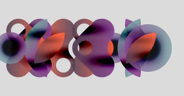 Üstüste binen şeffaf daireler içeren soyut bir kompozisyon. Renkler arasında mor, turuncu, mavi, yumuşak gradyanlar oluşturur. Minimalist tasarım.