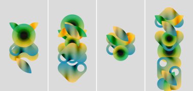 Soyut eğimler organik şekiller oluşturur. Dört panel evrimleşen kompozisyonları gösteriyor, mavi, yeşil ve sarıları harmanlıyor. Minimalist tasarım, yumuşak dokular.