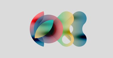 Soyut renkli şekiller örtüşür, dinamik görsel efekt yaratır. Yumuşak eğimler karışır ve sıvı bileşimi oluşturur. Işık arkaplanı canlılığı artırır.