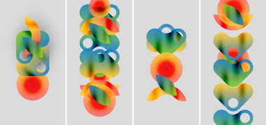 Soyut renkli şekiller örtüşür, canlı dikey kompozisyonlar oluşturur. Renk konumunda biraz farklılık gösteren dört panelde benzer tasarımlar var.