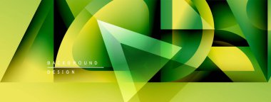 Soyut geometrik şekiller örtüşüyor, canlı yeşil, sarı renkler yaratıyor. Modern tasarım elementleri akıcılık ve dinamizmi önerir.