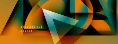 Soyut geometrik şekiller örtüşüyor, canlı renk eğimleri yaratıyor. Tasarımda altın, deniz mavisi ve turuncu renkler yer alıyor. Modern arkaplan ögesi.