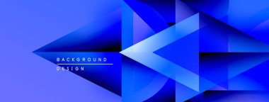 Soyut mavi geometrik şekiller dinamik arkaplan yaratır. Eğim gölgeleri derinlik ve modern tasarım unsurları sunar.