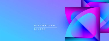 Soyut gradyan şekiller çakışıyor ve canlı bir görsel etki yaratıyor. Mavi, pembe, mor renkler tasarımda baskın. Modern estetik.
