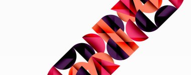 Soyut geometrik şekiller üst üste binerek beyaz arkaplanda canlı kırmızı, turuncu ve mor desenler oluşturuyor. Modern tasarım ögesi.