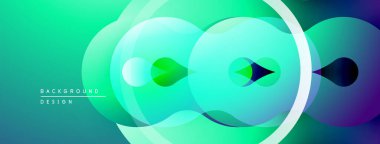 Soyut enerjik tasarım. Üst üste binen daireler dinamik değişim etkisi yaratır. Turkuaz, yeşil, mor renkler baskın kompozisyon. Modern estetik.