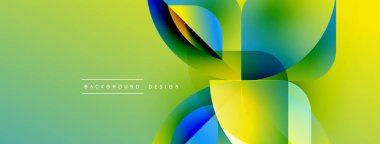 Soyut geometrik şekiller örtüşür, canlı gradyanlar yaratır. Sarılar, maviler, yeşiller dizaynın hakimi. Modern, dinamik kompozisyon.