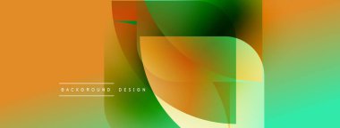 Soyut renkli arkaplan. Üst üste binen şekiller dinamik görsel efekt yaratır. Turuncu, yeşil, turkuaz renkler kompozisyona hakim. Modern tasarım ögesi.