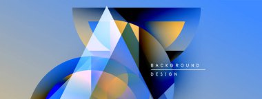 Soyut geometrik şekiller örtüşür, parlak mavi ve turuncu renkler yaratır. Arkaplan metni arkaplan tasarımı okur. Modern, dinamik kompozisyon.