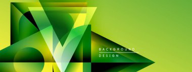 Soyut geometrik tasarım. Yeşil, sarı gradyanlar katmanlı şekiller yaratır. Pankartlar ve sunumlar için modern arkaplan uygun.
