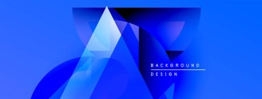 Soyut mavi geometrik şekiller örtüşür, dinamik görsel efekt yaratır. Gradyan renkler derinliği artırır, modern tasarım estetiği.