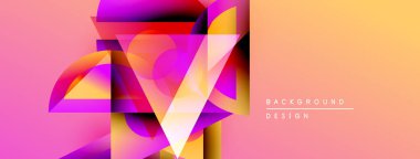 Soyut geometrik şekiller canlı pembeleri, morları, sarıları harmanlarlar. Gradyan arka plan dinamik görsel efekt yaratır. Modern tasarım ögesi.