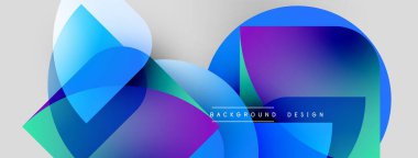 Soyut şekiller örtüşüyor, canlı gradyanlar yaratıyor. Mavi, mor, deniz mavisi egemen tasarım. Metin arka plan tasarımı okur. Modern estetik.