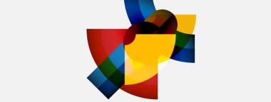 Soyut geometrik şekiller örtüşür, canlı renk karışımları yaratır. Kompozisyon beyaz arkaplanda kırmızılar, sarılar, maviler, yeşiller içerir.