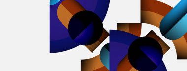 Üst üste binen daireler, eğriler ve eğriler içeren soyut bir kompozisyon. Renkler arasında maviler, kahverengiler, modern estetik yaratan beyazlar var..