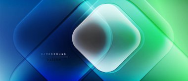 Soyut geometrik tasarım. Mavi, yeşil gradyanlar katmanlı şekiller yaratır. Parlak efektli modern, dinamik bir görüntü. Mevcut en küçük metin.