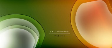 Soyut arkaplan özellikleri katmanlı şekiller, gradyan renkler. Yeşil, sarı, turuncu renkler dinamik görsel efekt yaratır. Modern tasarım ögesi.