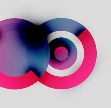 Üst üste binen daireler içeren soyut tasarım. Canlı pembeler, maviler, morlar dinamik görsel efektler yaratır. Modern, minimalist kompozisyon.