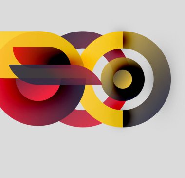 Soyut kompozisyon. Üst üste binen daireler, canlı renkler, modern tasarım. Minimalist estetik, dinamik şekiller, görsel uyum..