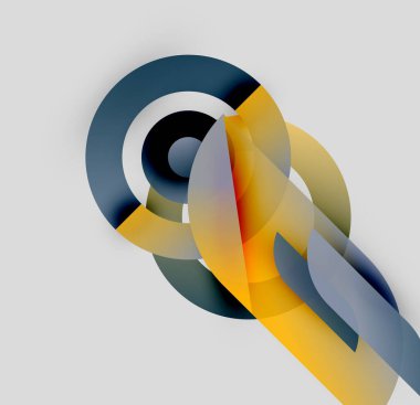 Soyut kompozisyon. Üst üste binen daireler dinamik görsel efekt yaratır. Renkler derinlik ve hareket olduğunu gösteriyor. Modern tasarım ögesi.