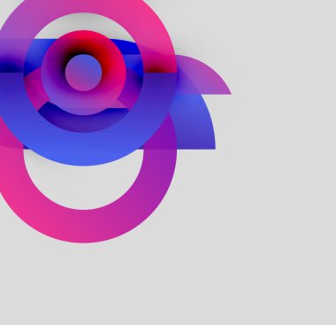 Üst üste binen daireler, canlı pembeler, maviler, kırmızılar içeren soyut bir kompozisyon. Yumuşak eğimli minimalist tasarım, temiz çizgiler. Modern estetik.
