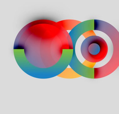 Soyut renkli daireler çakışıyor, dinamik görsel kompozisyon oluşturuyor. Parlak renkler harmanlanır ve ilginç şekiller oluşturur. Modern tasarım ögesi.