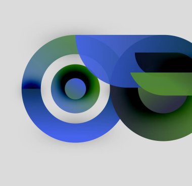 Soyut tasarım özellikleri üst üste binen daireler, gradyanlar. Mavi, yeşil renkler kompozisyona hakim. Modern, minimalist estetik sunum.