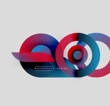 Soyut tasarım özellikleri üst üste binen renkli daireler, dinamik görsel efektler yaratır. Metin elemanları mevcut olan minimalist biçim.