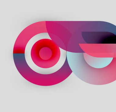 Soyut tasarım özellikleri üst üste binen dairesel, doğrusal şekiller. Pembe, mor, mavi renkler modern estetik yaratıyor. Minimalist kompozisyon.