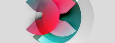 Soyut tasarım özellikleri üst üste binen daireler, canlı renkler. Kırmızı, deniz mavisi, gri şekiller dinamik bileşim oluşturur. Minimalist estetik.