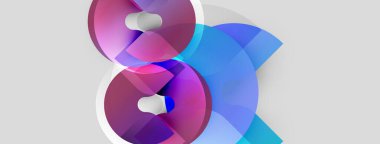 Soyut tasarım özellikleri üst üste binen şeffaf şekiller. Renkler arasında pembeler, maviler, morlar, beyazlar var. Modern estetik, basit arkaplan.