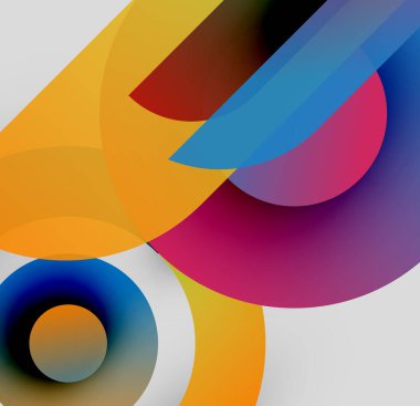 Soyut kompozisyon. Üst üste binen renkli daireler, dikdörtgenler dinamik görsel efekt yaratır. Parlak renkler tasarıma hakim..