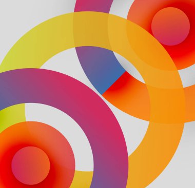 Soyut kompozisyon. Üst üste binen renkli çemberler dinamik görsel efekt yaratır. Parlak renkler harmanlanır, modern sanat eserleri oluşturulur.